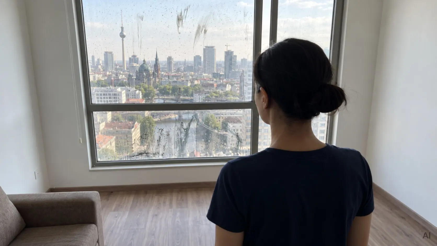 Fenster einer Etagenwohnung im vierzehnten Stock mit Blick über die Stadt