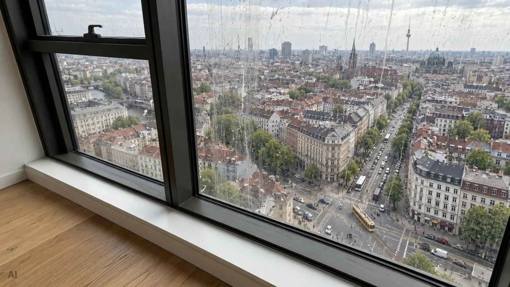 Feine Schlieren und Kalkränder auf einer Fensterscheibe