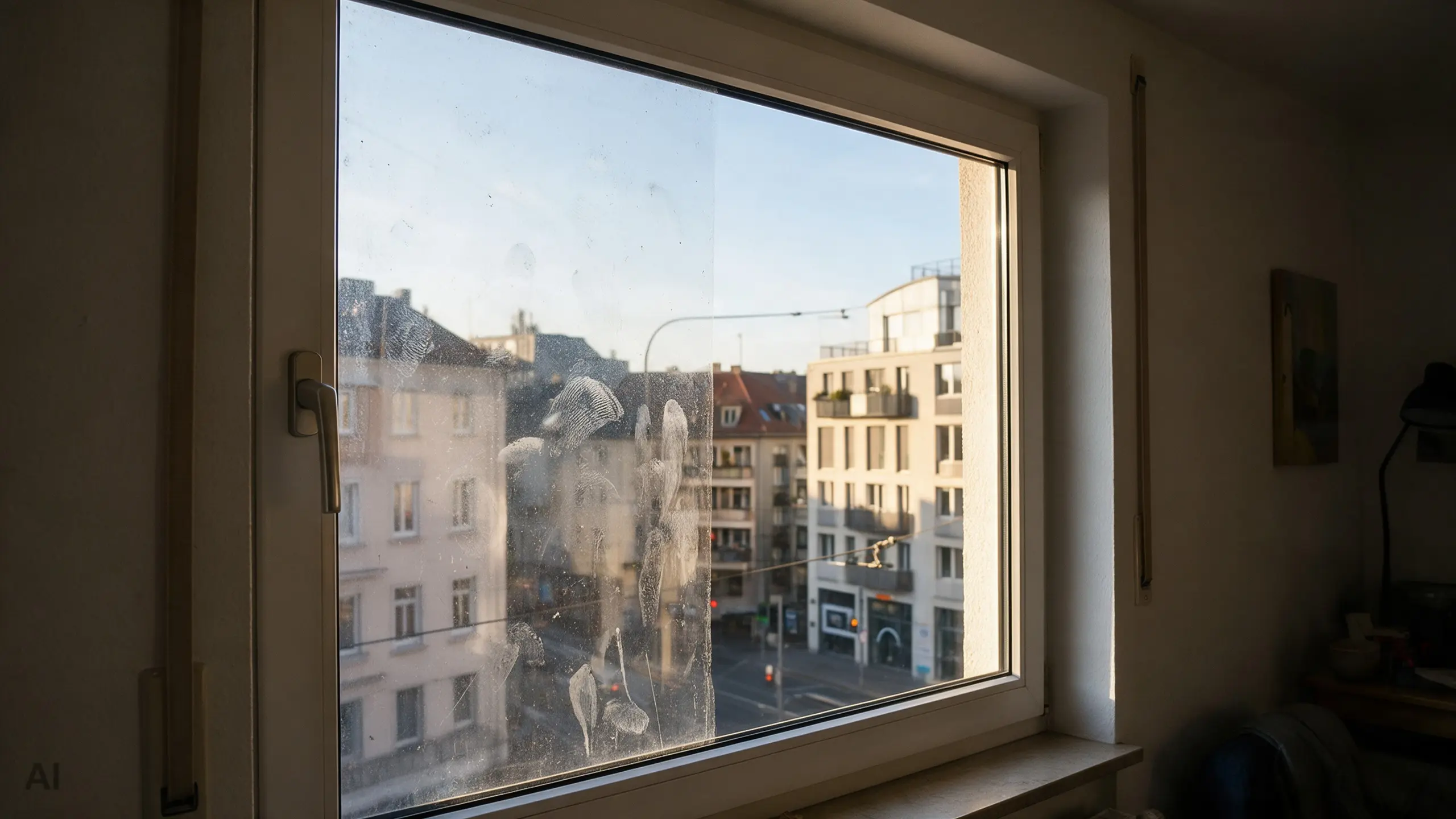Ein Mann führt den magnetischen Fensterreiniger von innen über die Scheibe