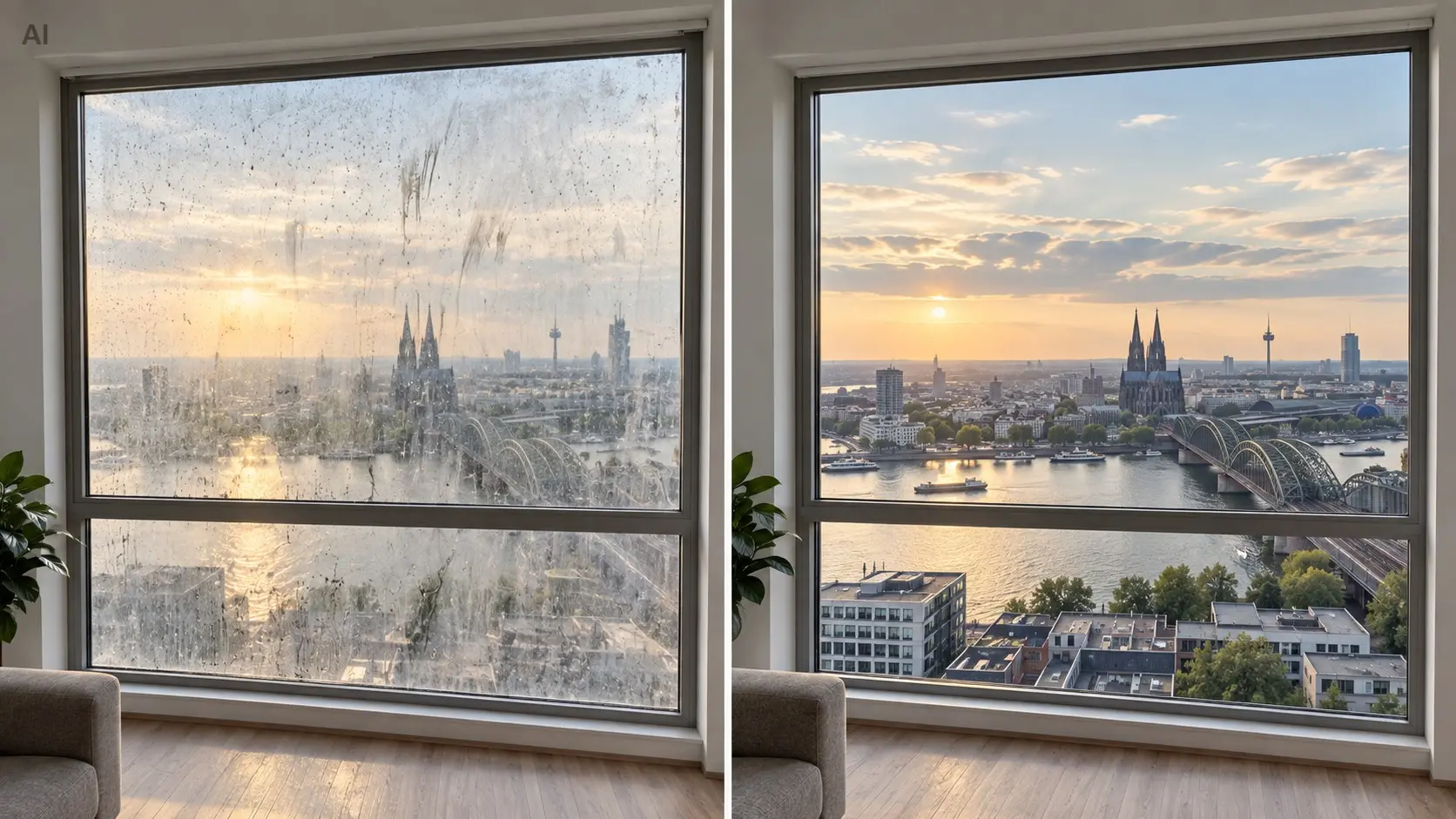 Eine Frau reinigt ein Fenster im zwölften Stock von innen